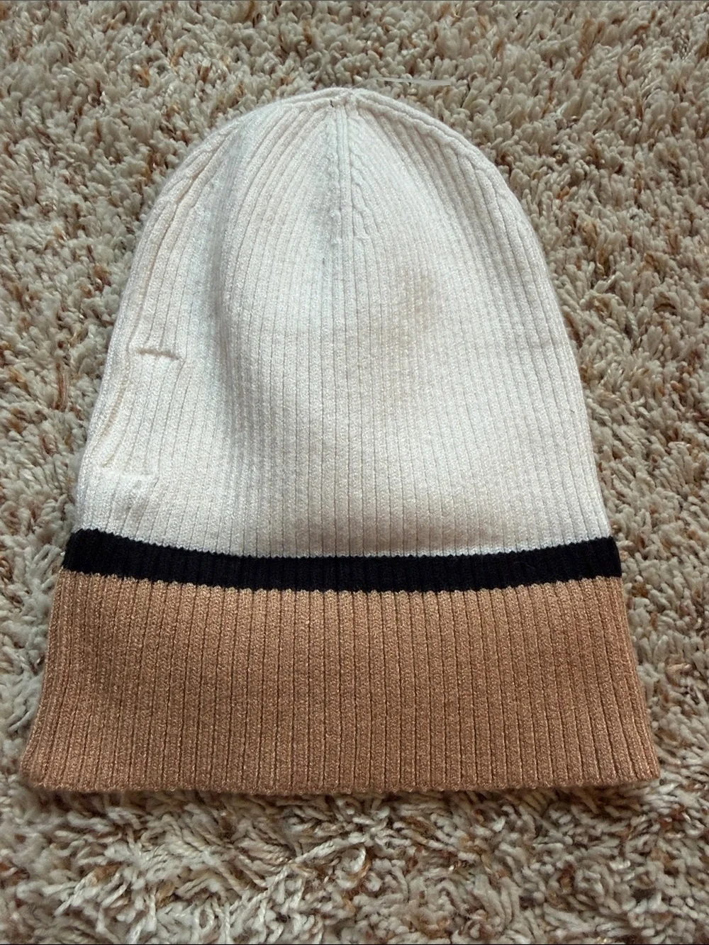 Anthropologie Colorblock Stripe Knit Beanie Hat Cap Brown Cream Tan Striped NWT